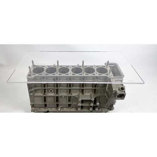 475 - JAGUAR A526/A526 FOUR LITRE ENGINE BLOCK TABLE, with raised rectangular acrylic top, 90cm L x 45cm W... 