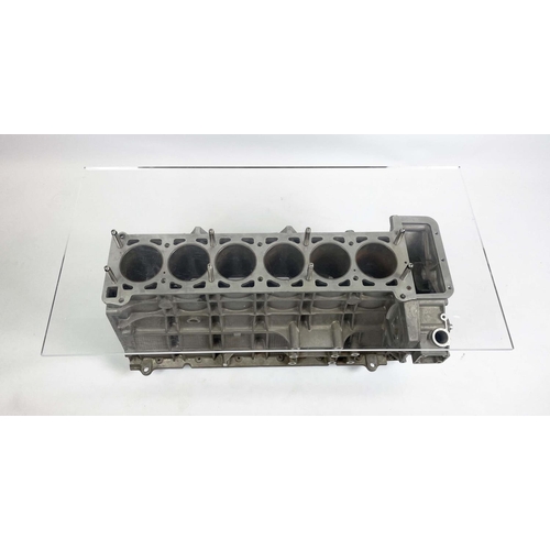 475 - JAGUAR A526/A526 FOUR LITRE ENGINE BLOCK TABLE, with raised rectangular acrylic top, 90cm L x 45cm W... 