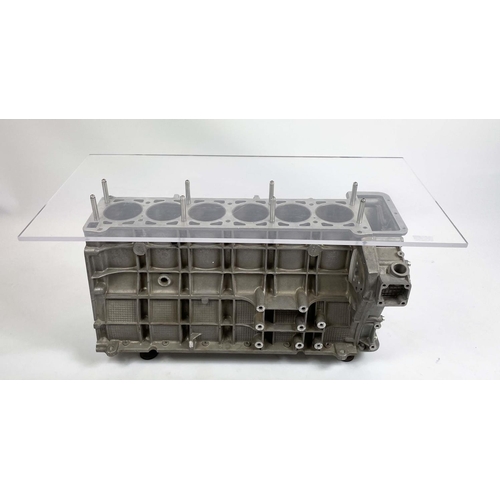 475 - JAGUAR A526/A526 FOUR LITRE ENGINE BLOCK TABLE, with raised rectangular acrylic top, 90cm L x 45cm W... 