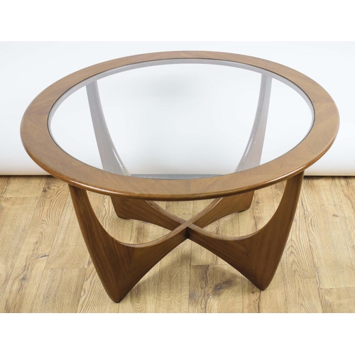 476 - G PLAN ASTRO LOW TABLE, 45cm H x 84cm D, teak with circular inset glass top.