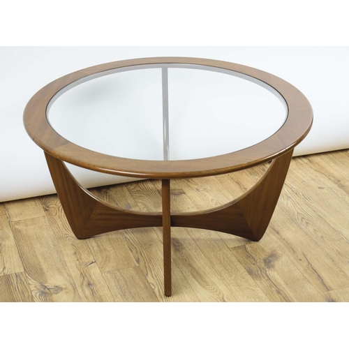 476 - G PLAN ASTRO LOW TABLE, 45cm H x 84cm D, teak with circular inset glass top.