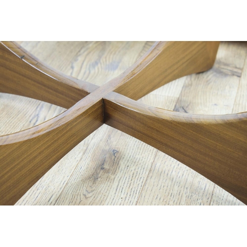 476 - G PLAN ASTRO LOW TABLE, 45cm H x 84cm D, teak with circular inset glass top.