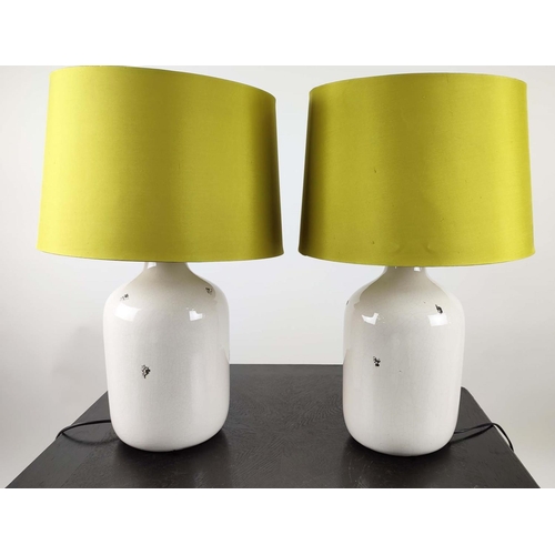 477 - TABLE LAMPS, a pair, glazed ceramic, with green shades, 61cm H. (2)