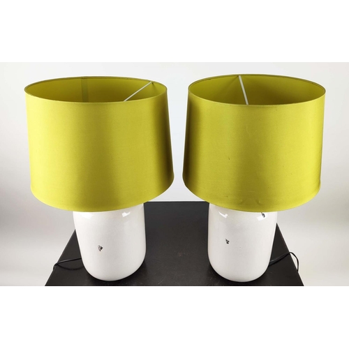 477 - TABLE LAMPS, a pair, glazed ceramic, with green shades, 61cm H. (2)