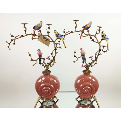 492 - CANDELABRA, a pair, glazed ceramic, gilt metal, 66cm H. (2)