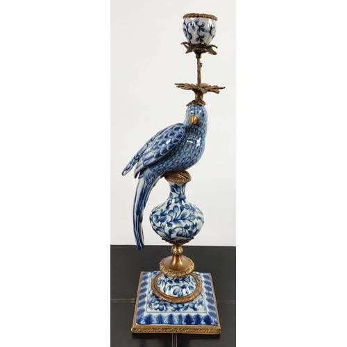 494 - CANDELABRA, a pair, 48cm H, in the form of birds, blue and white ceramic, gilt mounts. (2)