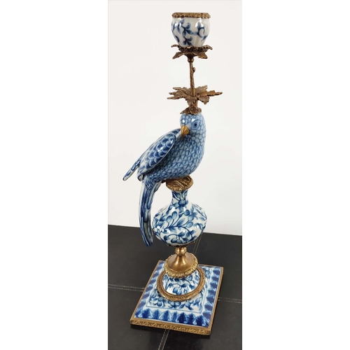 494 - CANDELABRA, a pair, 48cm H, in the form of birds, blue and white ceramic, gilt mounts. (2)