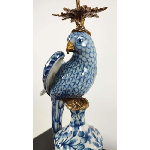 494 - CANDELABRA, a pair, 48cm H, in the form of birds, blue and white ceramic, gilt mounts. (2)