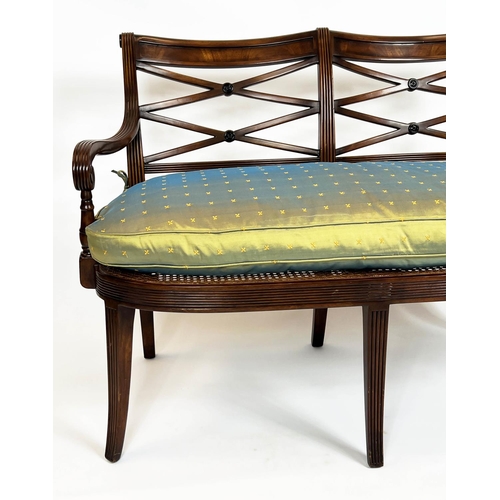 163 - THEODORE ALEXANDER SETTEE, Regency design, caned seat with silk squab cushion, retailed by Brights o... 