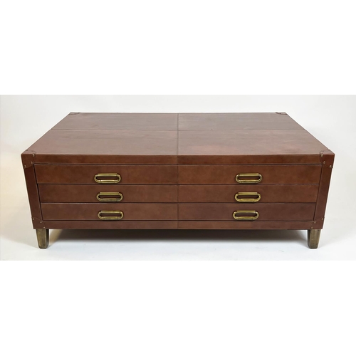 164 - ARCHITECTS PLAN LOW TABLE, stitched tan leather with two long drawers raised on metal supports, 46cm... 