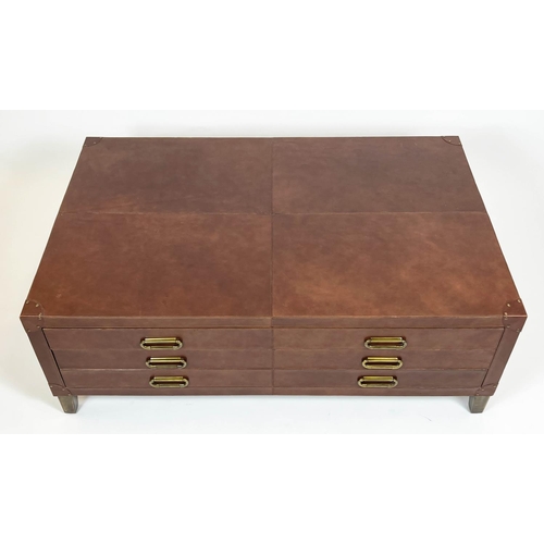 164 - ARCHITECTS PLAN LOW TABLE, stitched tan leather with two long drawers raised on metal supports, 46cm... 