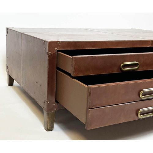 164 - ARCHITECTS PLAN LOW TABLE, stitched tan leather with two long drawers raised on metal supports, 46cm... 