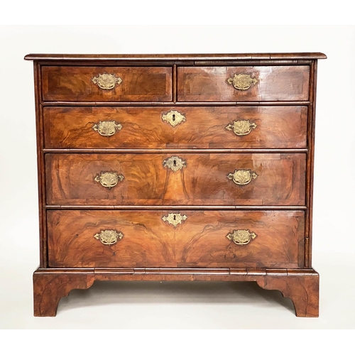 181 - CHEST, English early 18th century Queen Anne figured walnut and crossbanded with two short and three... 