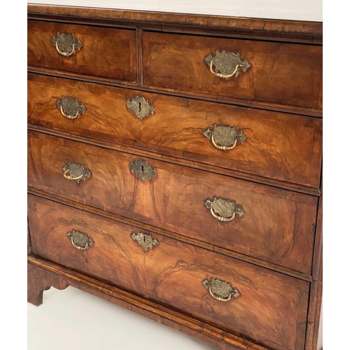 181 - CHEST, English early 18th century Queen Anne figured walnut and crossbanded with two short and three... 