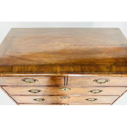 181 - CHEST, English early 18th century Queen Anne figured walnut and crossbanded with two short and three... 