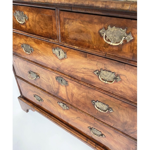 181 - CHEST, English early 18th century Queen Anne figured walnut and crossbanded with two short and three... 