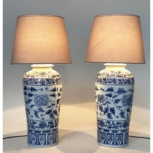 182 - TABLE LAMPS, a pairs, Chinese blue and white ceramic of lidded vase form, with shades, 75cm H. (2)