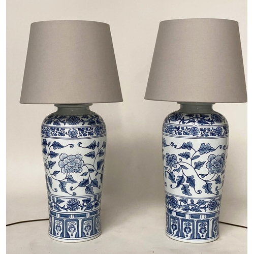 182 - TABLE LAMPS, a pairs, Chinese blue and white ceramic of lidded vase form, with shades, 75cm H. (2)