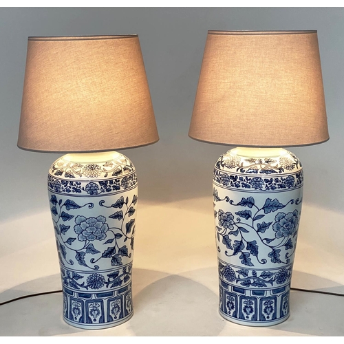 182 - TABLE LAMPS, a pairs, Chinese blue and white ceramic of lidded vase form, with shades, 75cm H. (2)