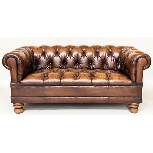 205 - CHESTERFIELD SOFA, 180cm W, nicely aged mid brown buttoned leather with curved back and arms.