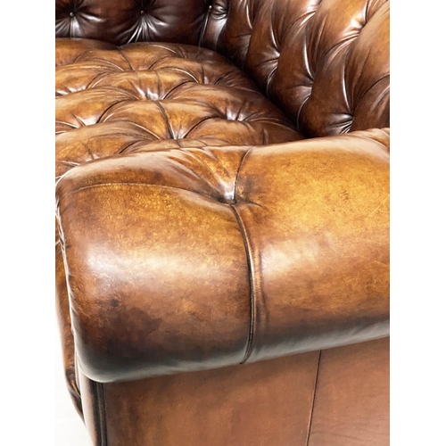 205 - CHESTERFIELD SOFA, 180cm W, nicely aged mid brown buttoned leather with curved back and arms.