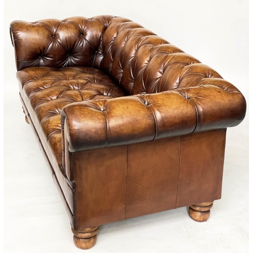 205 - CHESTERFIELD SOFA, 180cm W, nicely aged mid brown buttoned leather with curved back and arms.