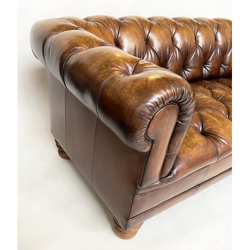 205 - CHESTERFIELD SOFA, 180cm W, nicely aged mid brown buttoned leather with curved back and arms.