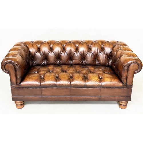 205 - CHESTERFIELD SOFA, 180cm W, nicely aged mid brown buttoned leather with curved back and arms.