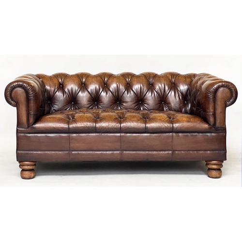 205 - CHESTERFIELD SOFA, 180cm W, nicely aged mid brown buttoned leather with curved back and arms.