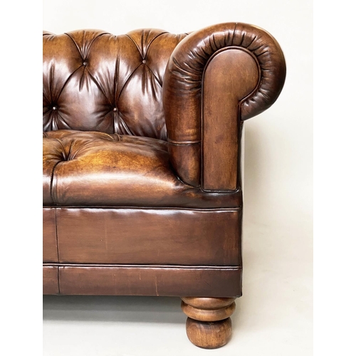 205 - CHESTERFIELD SOFA, 180cm W, nicely aged mid brown buttoned leather with curved back and arms.