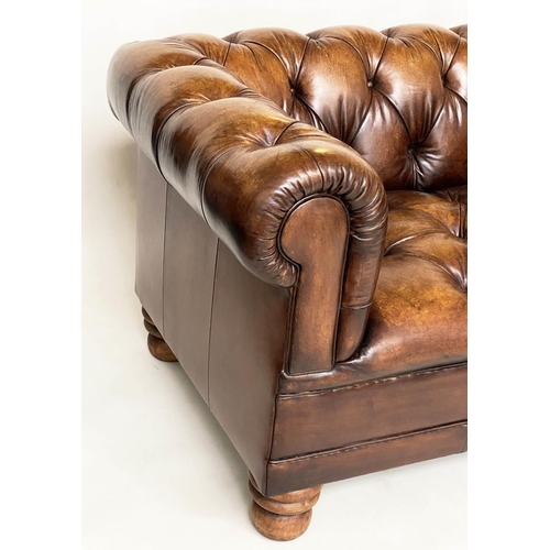 205 - CHESTERFIELD SOFA, 180cm W, nicely aged mid brown buttoned leather with curved back and arms.