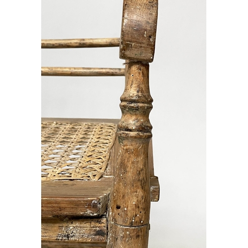 224 - FAUX BAMBOO HALL SEAT, 19th century English carved faux bamboo framed with down swept arms and cane ... 