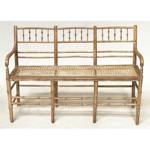 224 - FAUX BAMBOO HALL SEAT, 19th century English carved faux bamboo framed with down swept arms and cane ... 