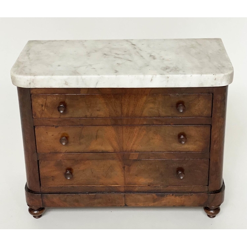 293 - APPRENTICE COMMODE, 19th century French Charles X flame mahogany, with three long drawers and marble... 