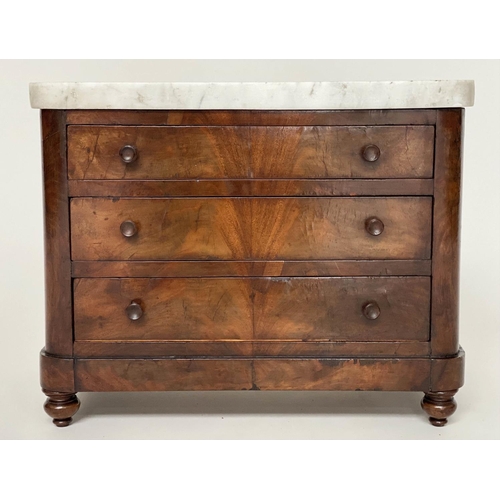 293 - APPRENTICE COMMODE, 19th century French Charles X flame mahogany, with three long drawers and marble... 