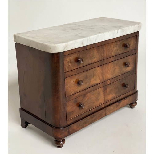 293 - APPRENTICE COMMODE, 19th century French Charles X flame mahogany, with three long drawers and marble... 