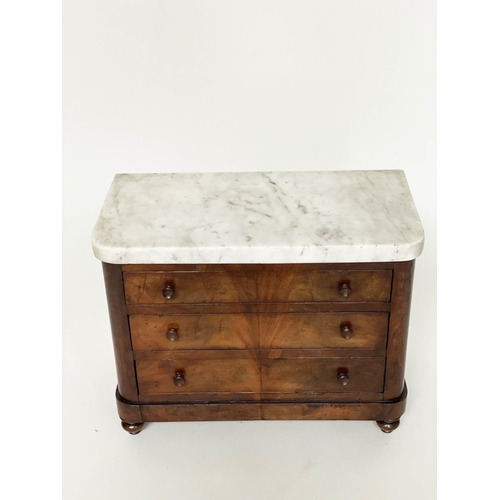 293 - APPRENTICE COMMODE, 19th century French Charles X flame mahogany, with three long drawers and marble... 