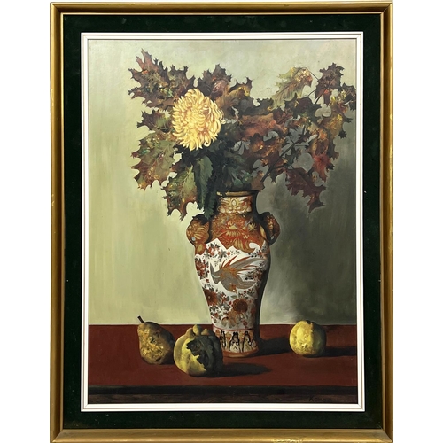56 - GYORGY KORGA (Hungarian 1935-2002), 'Still life with Kutani vase, fruit and flowers', oil on board, ... 