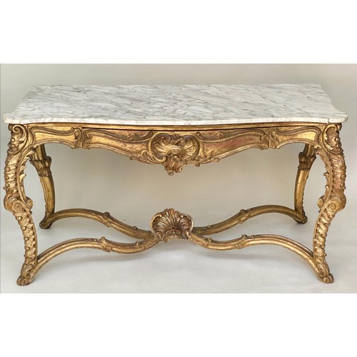 507 - CONSOLE TABLE, 19th century French Louis XV style, carved giltwood with serpentine front, three frie... 