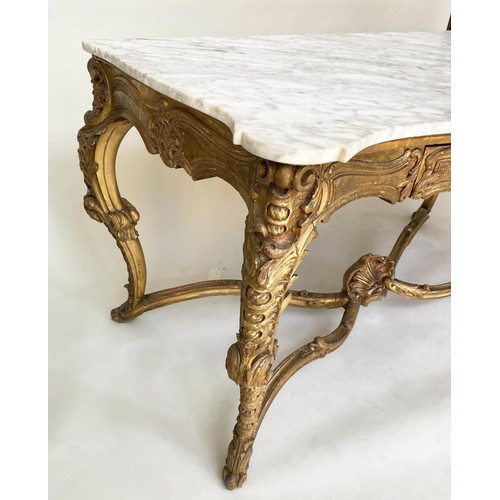 507 - CONSOLE TABLE, 19th century French Louis XV style, carved giltwood with serpentine front, three frie... 