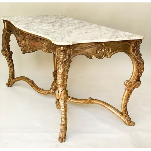 507 - CONSOLE TABLE, 19th century French Louis XV style, carved giltwood with serpentine front, three frie... 