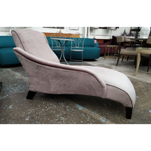 331 - JOHN SANKEY CHAISE LOUNGE, 150cm x 67cm x 88cm, purple fabric upholstered, with contrasting piping.