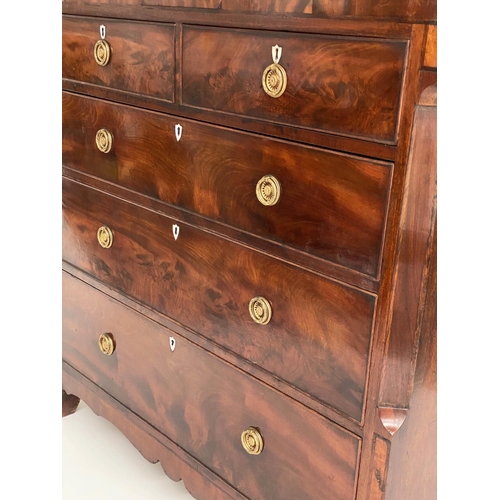 197 - SCOTTISH HALL CHEST, 19th century flame mahogany of adapted shallow proportions with 'secret' frieze... 