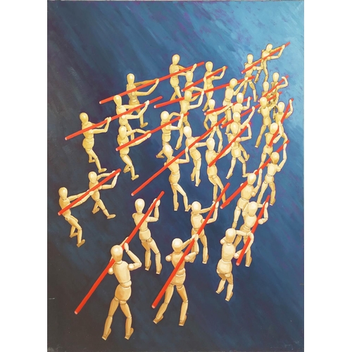 77 - DEREK CARRUTHERS (1935-2021), 'Red Poles', oil on canvas, 122cm x 91cm, signed verso, framed. (Subje... 