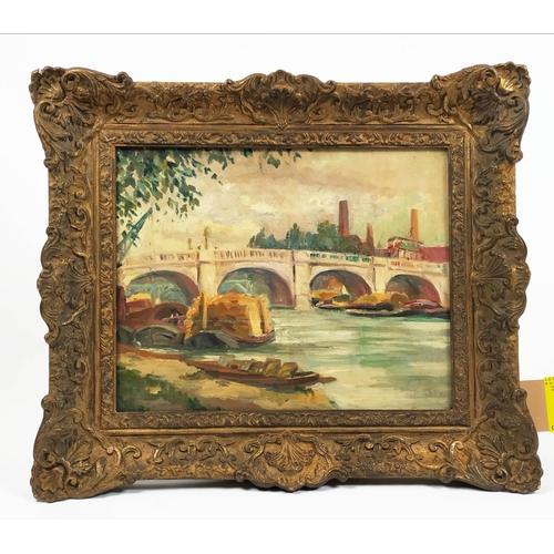 82 - R LOVELL, 'Kew Bridge', oil on canvas, 33cm x 44cm, signed, framed.