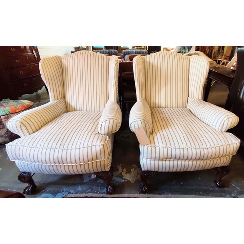 242 - WING ARMCHAIRS, 101cm H x 82cm W, a pair, George III style in ticking upholstery. (2)