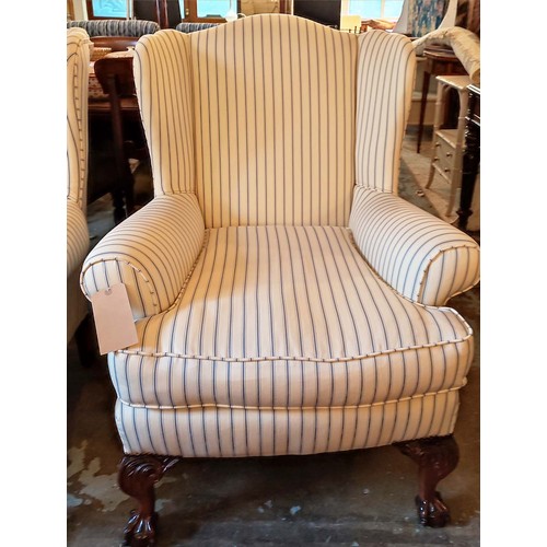 242 - WING ARMCHAIRS, 101cm H x 82cm W, a pair, George III style in ticking upholstery. (2)