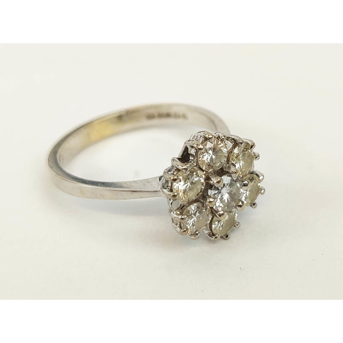 7 - AN 18CT WHITE GOLD DIAMOND FLOWER HEAD SEVEN STONE CLUSTER RING, the central brilliant cut stone of ... 