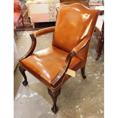 464 - GAINSBOROUGH STYLE CHAIR, tan leather, cabriole legs, mid 20th century, 100cm high, 70cm wide, 73cm ... 