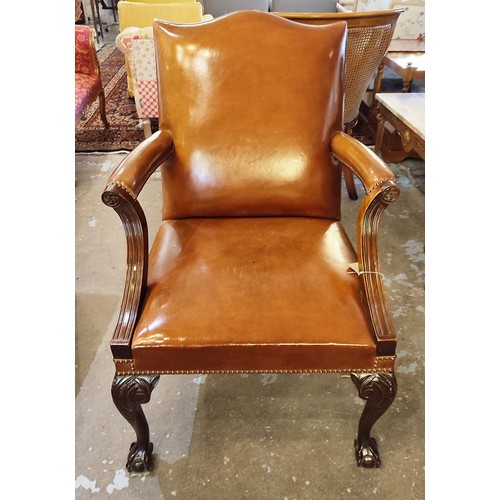 464 - GAINSBOROUGH STYLE CHAIR, tan leather, cabriole legs, mid 20th century, 100cm high, 70cm wide, 73cm ... 